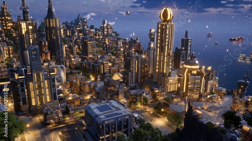 A sprawling, futuristic metropolis at twilight.
