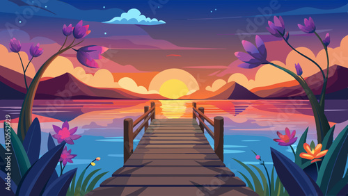 Serene Sunset Over Water With Wooden Dock And Flowers