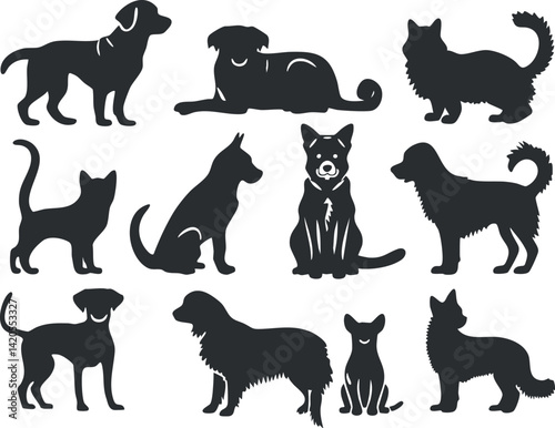 A collection of playful silhouettes featuring various dog and cat breeds in artistic styles.