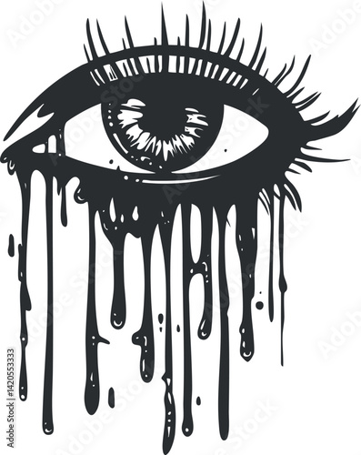 A striking black and white illustration of an eye with dripping ink, conveying deep emotions.