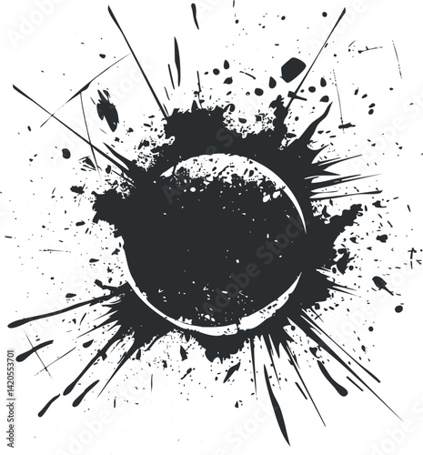Abstract black ink splash design with circular shape and dynamic splatter effects.