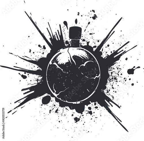 An artistic depiction of a broken bottle surrounded by a dynamic ink splash effect.