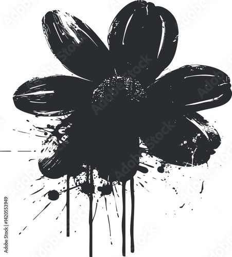 A stylized black flower illustration with abstract ink splashes and modern artistic flair.