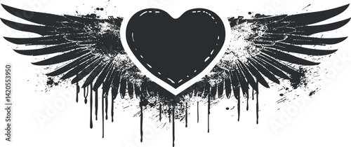 Stylized black heart with wings design featuring a grunge texture and artistic flair