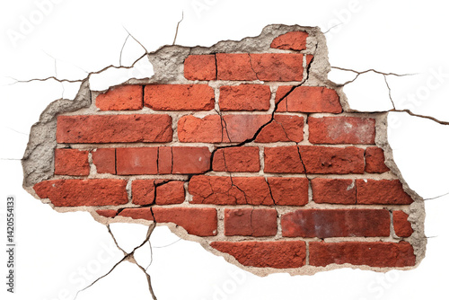 Cracked red brick wall fragment, isolated on transparent background - generated by ai