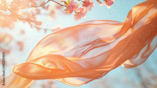 Peach silk scarf flows gently in spring breeze, amidst blossoming pink flowers and bright sunlight