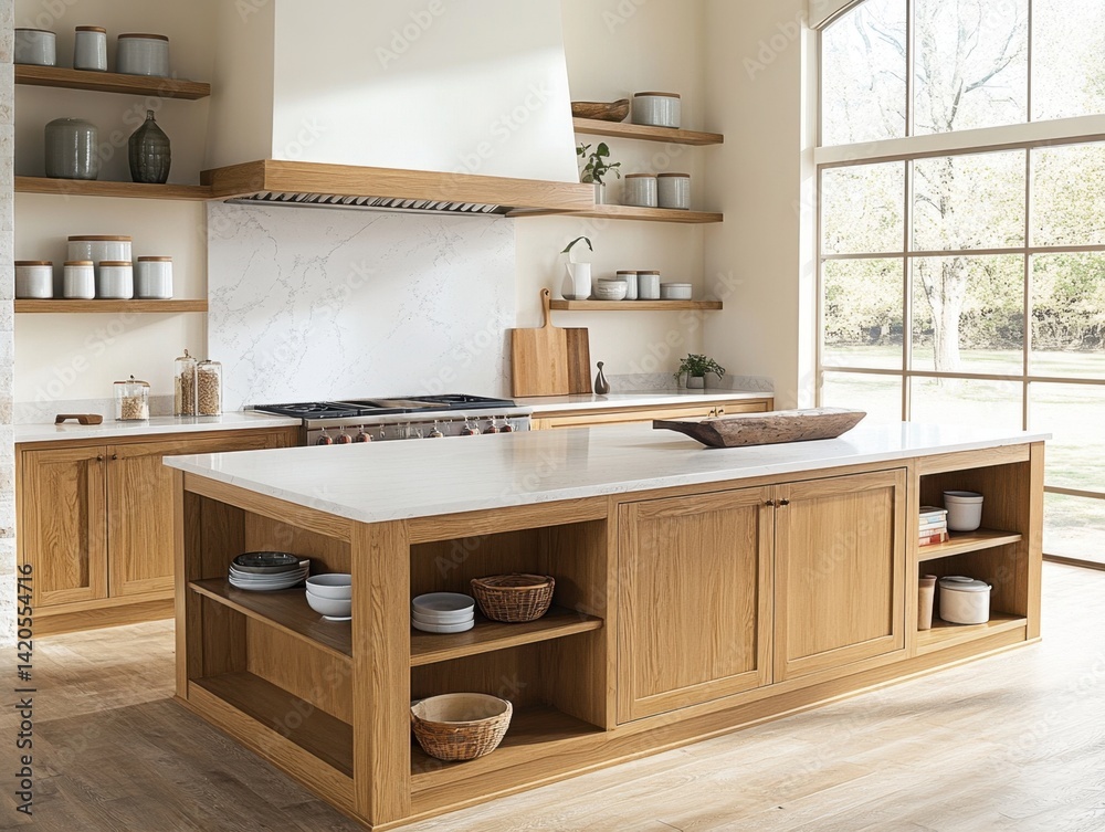 Fototapeta premium A kitchen with a white island and shelves. The island has a basket on it. There are many bowls on the shelves