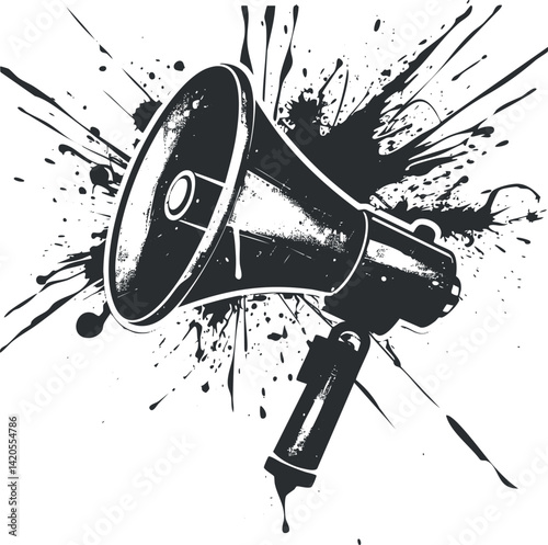 A vintage megaphone design with artistic splashes symbolizing communication and announcement.