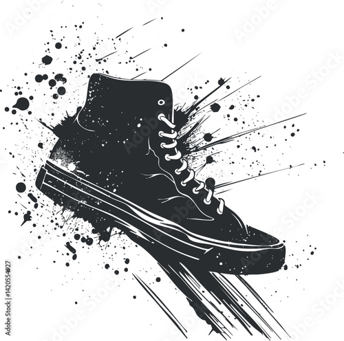 Stylized illustration of a sneaker with dynamic splashes and artistic elements in black and white.