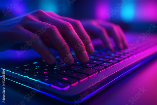 Close-Up of Hands Typing on Backlit Mechanical Keyboard in Neon Lighting
