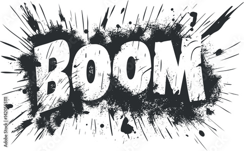 A bold and dynamic graphic depicting the word boom with explosion effects and splashes.