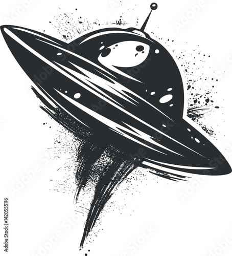 A black and white illustration of a UFO with a sleek design and cosmic elements.