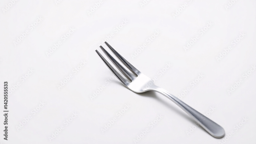 A single silver fork resting diagonally on a plain white surface under bright studio lighting created with generated ai A single silver fork resting diagonally on a plain white surface under bright studio lighting created with generated ai