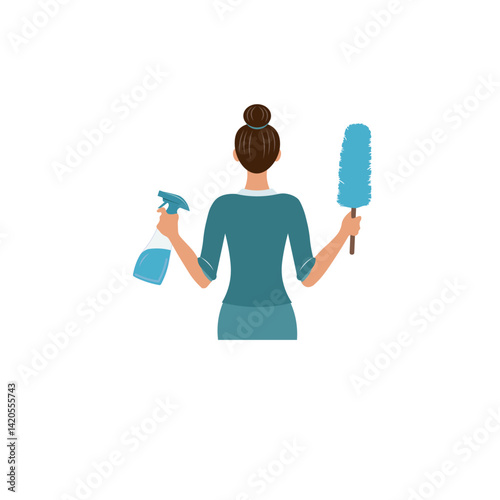 Vector illustration of a woman cleaner from behind holding spray bottle and duster, cleaning service concept
