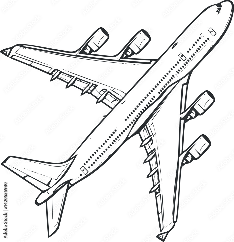 Illustration of an aircraft from a top view showcasing its design and structure. Illustration of an aircraft from a top view showcasing its design and structure.