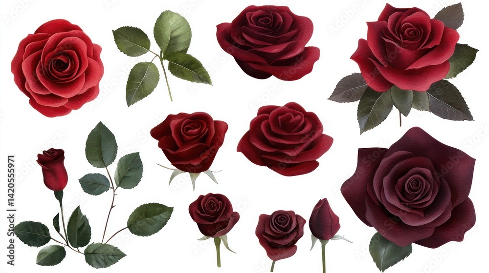 Fototapeta premium Red rose collection, realistic illustration