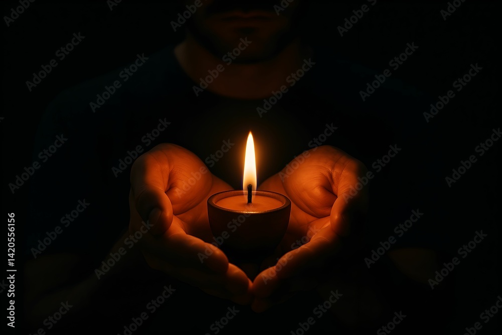 Holding a candle with hands illuminated in darkness during a quiet moment of reflection Holding a candle with hands illuminated in darkness during a quiet moment of reflection