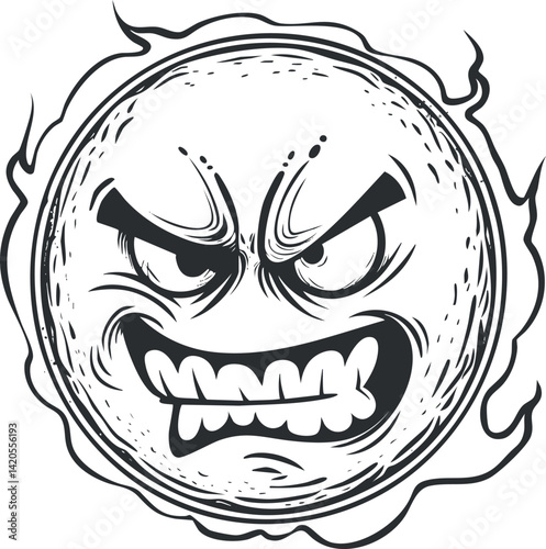 An angry cartoon sun with a fierce expression and flames around it in black and white.