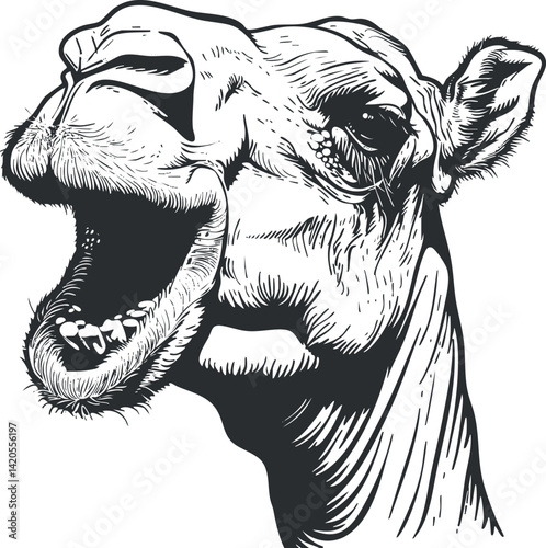 Detailed black and white illustration of a camel's head roaring with expressive features.