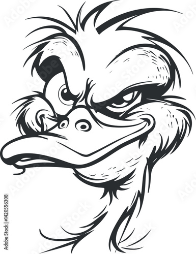 A humorous cartoon-style illustration of a duck with an expressive face and quirky features.