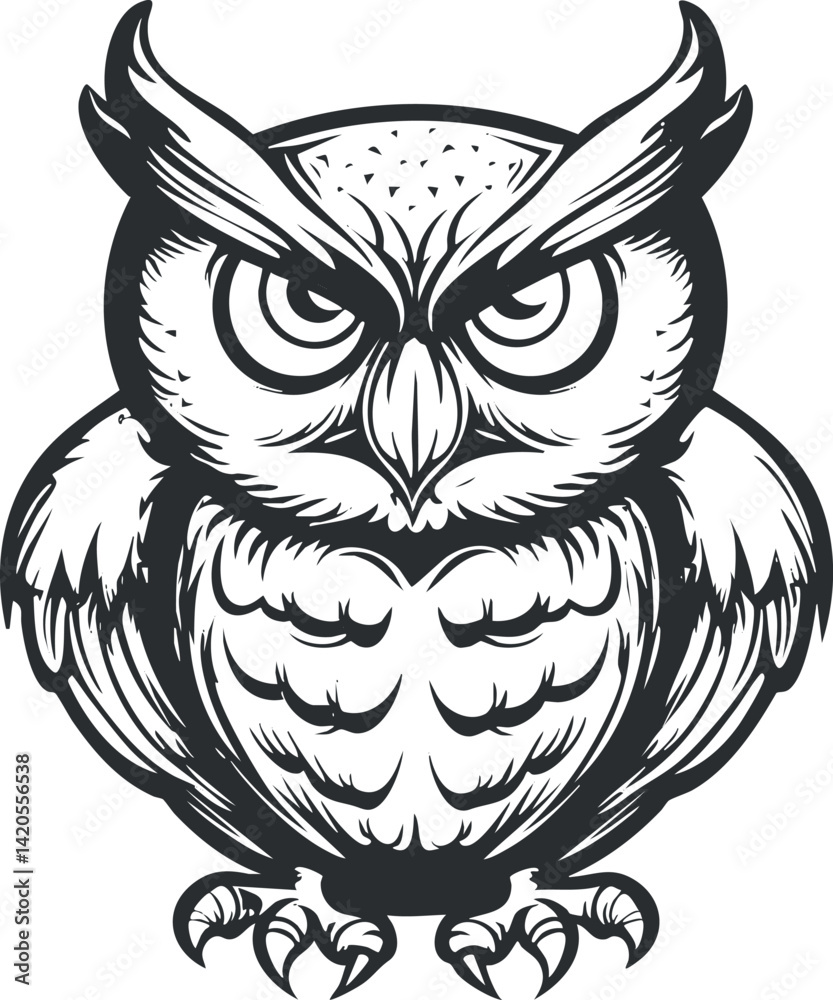 Fototapeta premium Illustration of a stylized owl in black and white with intricate details and sharp features.