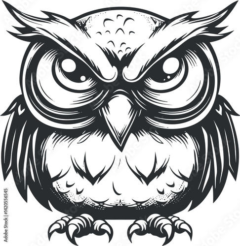 A stylized black and white illustration of an owl with bold features and expressive eyes.
