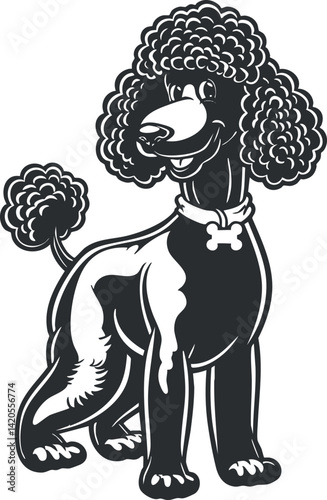 A cheerful black poodle standing playfully with a collar and bone in a cartoon style.