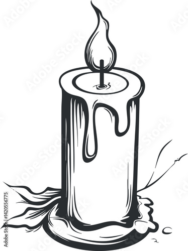 A detailed illustration of a candle with melting wax and a flickering flame on top.
