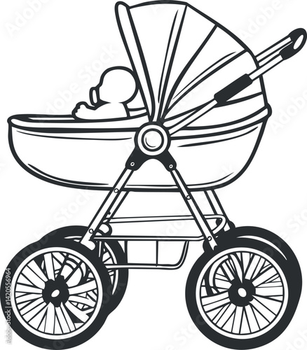 An illustration of a classic baby stroller with a seated infant, perfect for parenting themes.