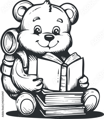 Cute bear character reading a book while sitting on stacked books with a backpack.