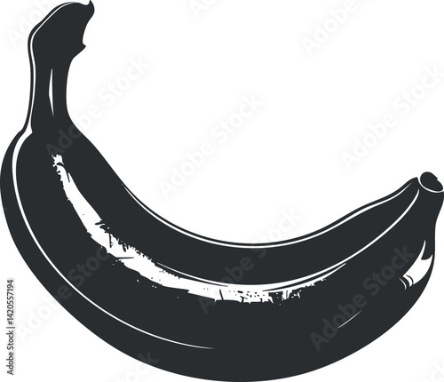 A stylized black and white illustration of a banana emphasizing its curves and shape.