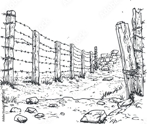 A hand-drawn illustration of a barbed wire fence in a rural landscape.