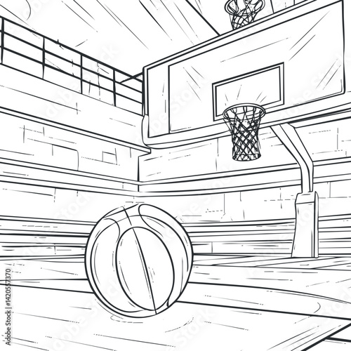 A detailed sketch of a basketball court featuring a hoop and ball on the floor.