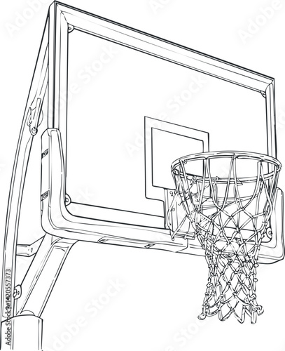 Outline drawing of a basketball hoop and net against a blank background for sports illustrations