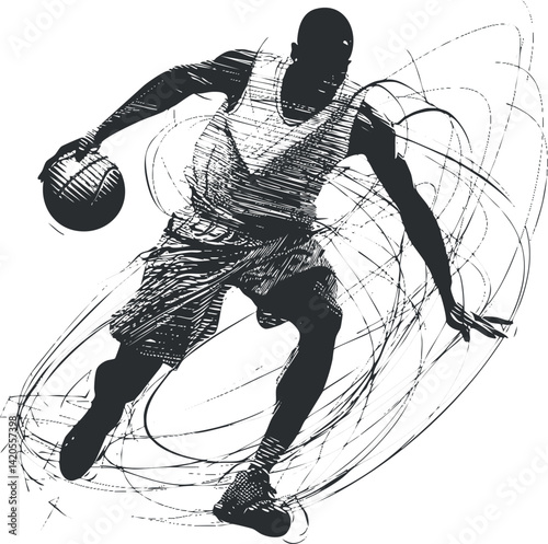Dynamic silhouette of a basketball player in action dribbling the ball during a game
