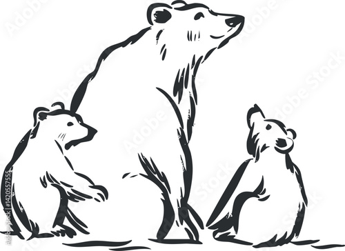 A charming illustration of a bear family featuring a mother bear and two cubs.