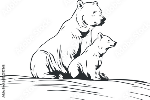 Illustration of a mother bear and her cub resting together in a natural setting.