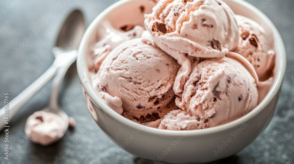 Delicious Ice Cream Bowl with Chocolate Chunks Scoops and Silver Spoon Ready to Enjoy a Sweet Dessert Treat Delicious Ice Cream Bowl with Chocolate Chunks Scoops and Silver Spoon Ready to Enjoy a Sweet Dessert Treat