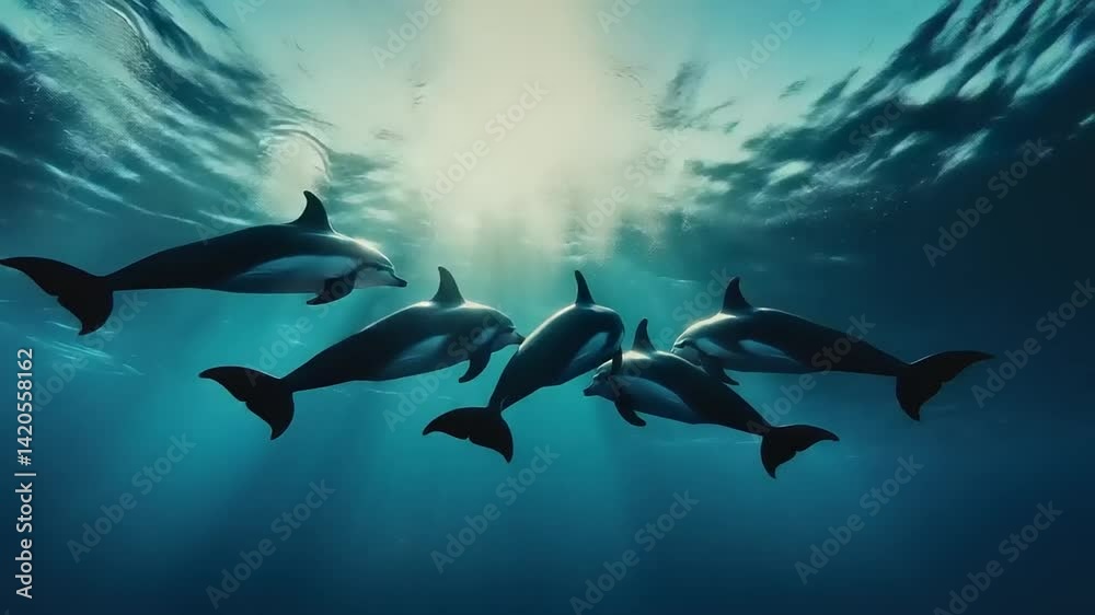 Oceanic dolphins in sunlight, underwater scene. Oceanic dolphins in sunlight, underwater scene.