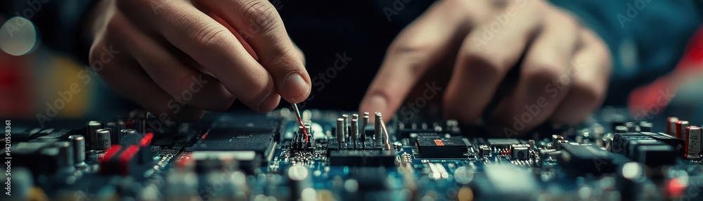 A closeup of an electrical engineer wiring components in a control panel, Electronics, Skilled and precise
