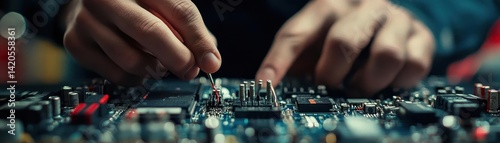 Obraz na płótnie A closeup of an electrical engineer wiring components in a control panel, Electronics, Skilled and precise w salonie