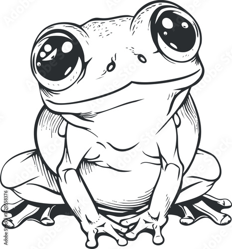 A whimsical illustration of a cute frog sitting with large expressive eyes.