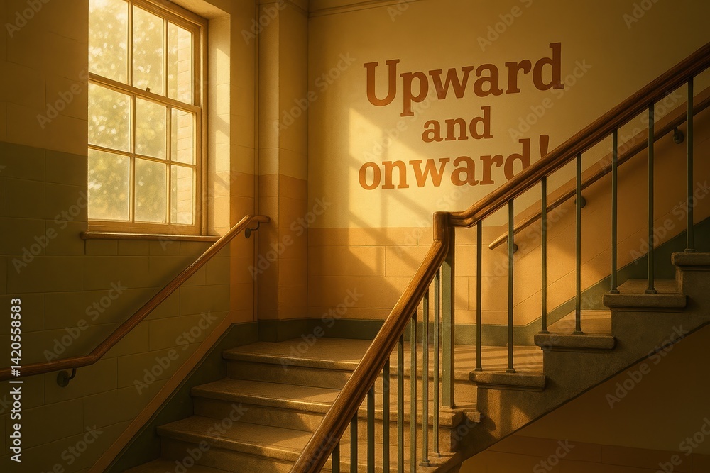 Obraz premium Sunlit school staircase with inspirational message