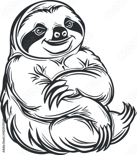 A cute cartoon sloth character sitting with a friendly smile and relaxed posture