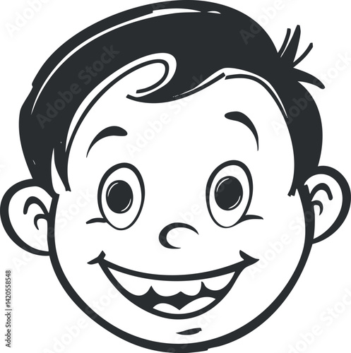 A cheerful cartoon illustration of a smiling boy with a playful expression.