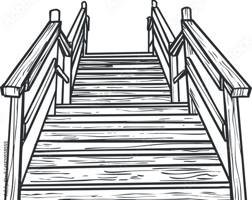 Illustration of wooden stairs leading upwards with railings and a clear perspective view.
