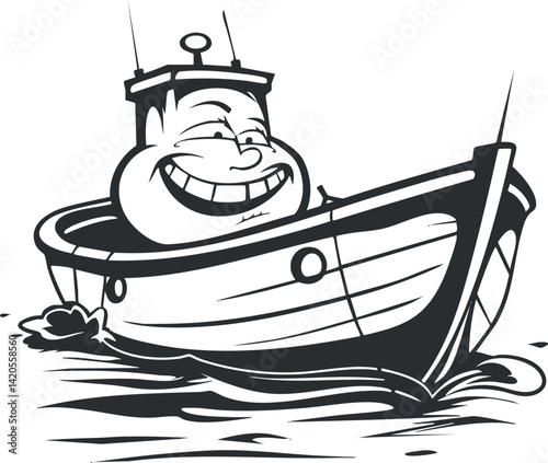 A cheerful cartoon character sailing on a boat in the ocean with a big smile.