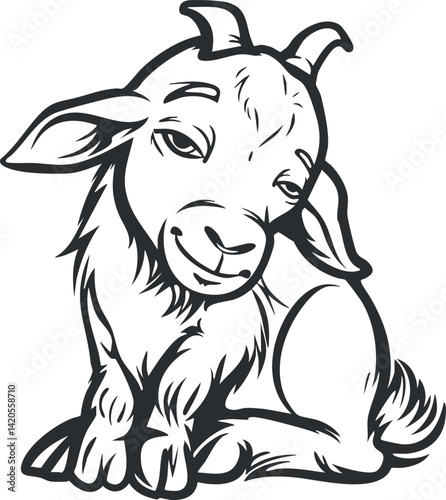 A cute and playful illustration of a sitting goat character in black and white.