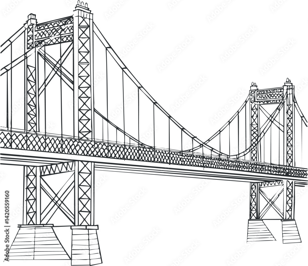 Fototapeta premium A detailed line art illustration of a suspension bridge showcasing its architectural features.