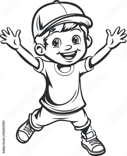 A cheerful cartoon boy with a big smile expressing joy and playfulness in a casual outfit.